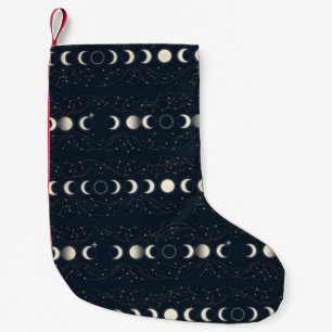 Minimalistisches Mondphasenmuster mit Sternen und  Kleiner Weihnachtsstrumpf