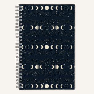 Minimalistisches Mondphasenmuster mit Sternen und Notizbuch