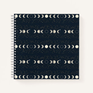 Minimalistisches Mondphasenmuster mit Sternen und  Notizbuch