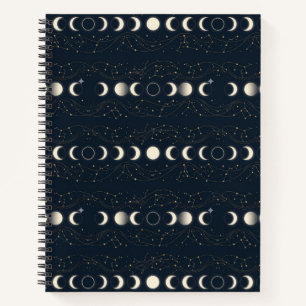 Minimalistisches Mondphasenmuster mit Sternen und  Notizbuch
