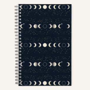 Minimalistisches Mondphasenmuster mit Sternen und  Notizbuch