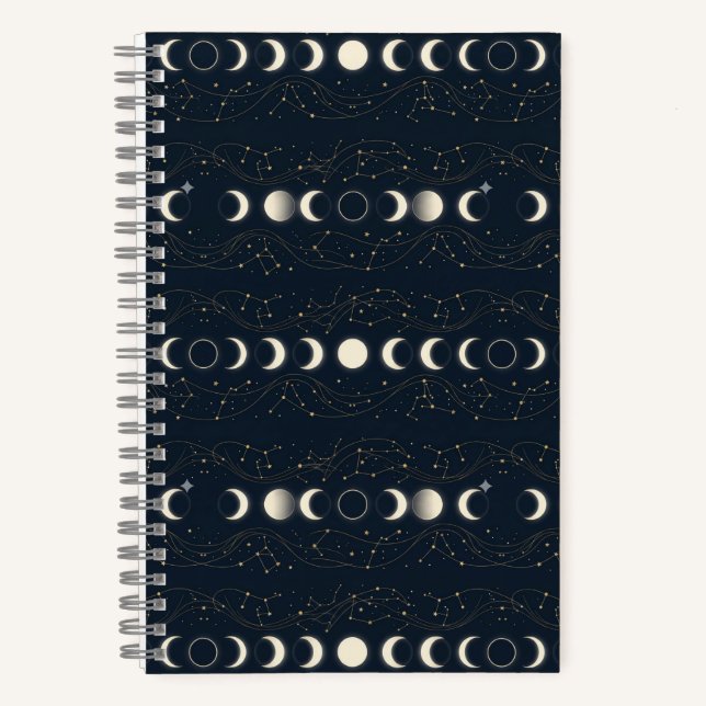 Minimalistisches Mondphasenmuster mit Sternen und  Notizbuch (Vorderseite)