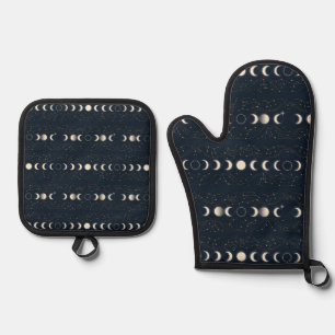 Minimalistisches Mondphasenmuster mit Sternen und Ofenhandschuh & Topflappen-Set