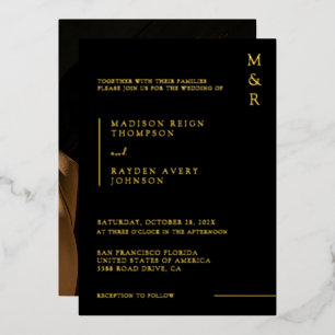 Minimalistisches Monogram Black Foto Wedding Gold Folieneinladung