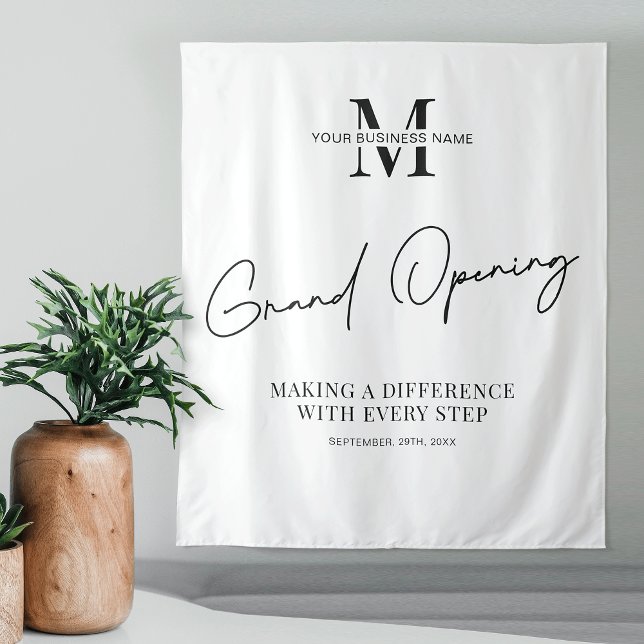Minimalistisches Monogram Business Grand Opening-P Wandteppich (Modern business Grand Opening event branded tapestry in black & white with your monogram)