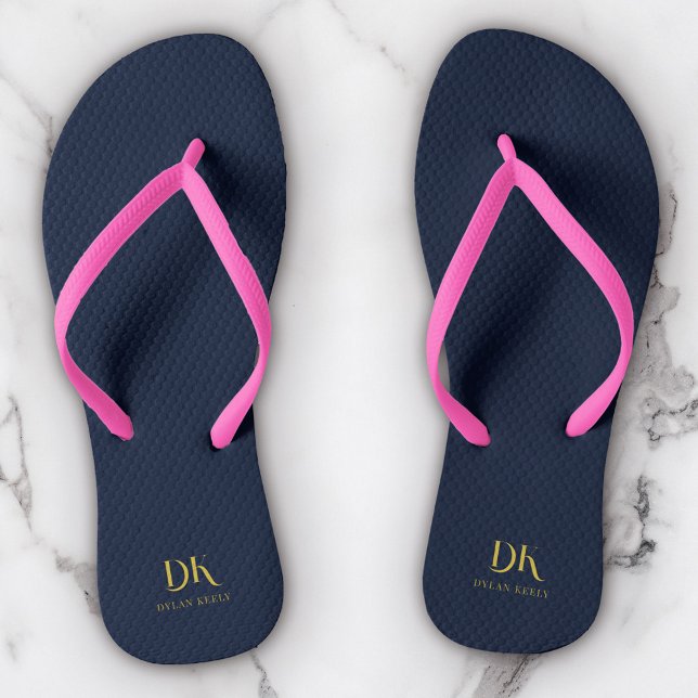 Minimalistisches Monogram Navy Blue Gold Stilvoll Flip Flops (Von Creator hochgeladen)