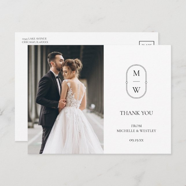 Minimalistisches Monogram Wedding Foto Vielen Dank Postkarte (Vorne/Hinten)