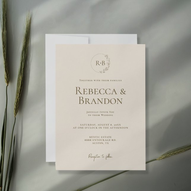 Minimalistisches Monogramm Blumenzauber-Neutral Einladung (Monogram minimalist wedding invitation. Cream and brown earth tones.)