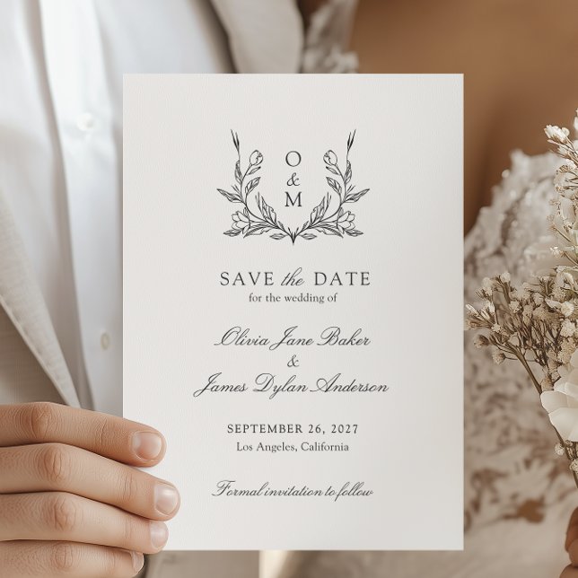 Minimalistisches Monogramm Botanisches Wappen Hoch Save The Date (Von Creator hochgeladen)