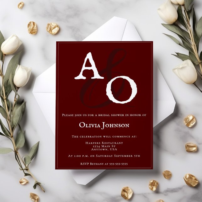 Minimalistisches Monogramm-Brautparty Einladung (Red Minimalist Monogram Bridal Shower Invitation)