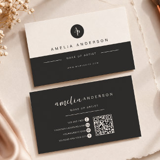 Minimalistisches Monogramm Holzkohleschwarz QR-Cod Visitenkarte