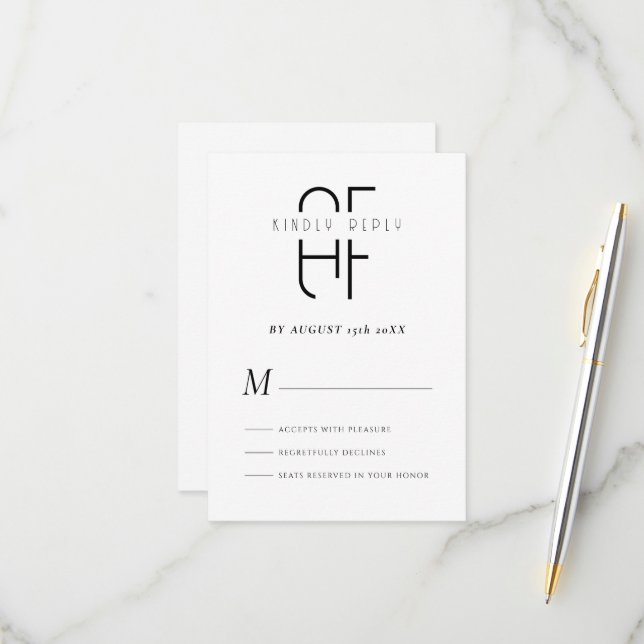Minimalistisches Monogramm, modern weiß RSVP Karte (Vorderseite/Rückseite Beispiel)