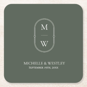 Minimalistisches Monogramm Moss Green Wedding Rechteckiger Pappuntersetzer