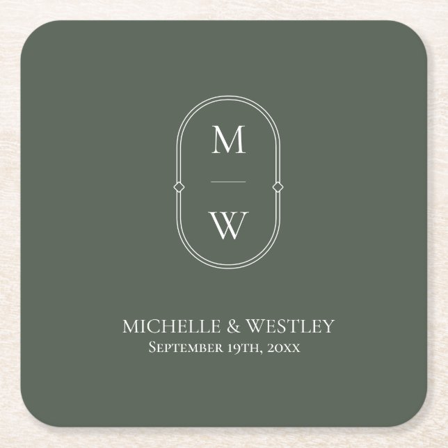 Minimalistisches Monogramm Moss Green Wedding Rechteckiger Pappuntersetzer (Vorderseite)