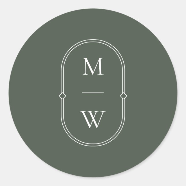 Minimalistisches Monogramm Moss Green Wedding Runder Aufkleber (Vorderseite)