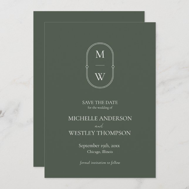 Minimalistisches Monogramm Moss Green Wedding Save The Date (Vorne/Hinten)