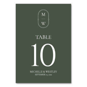 Minimalistisches Monogramm Moss Green Wedding Tischnummer