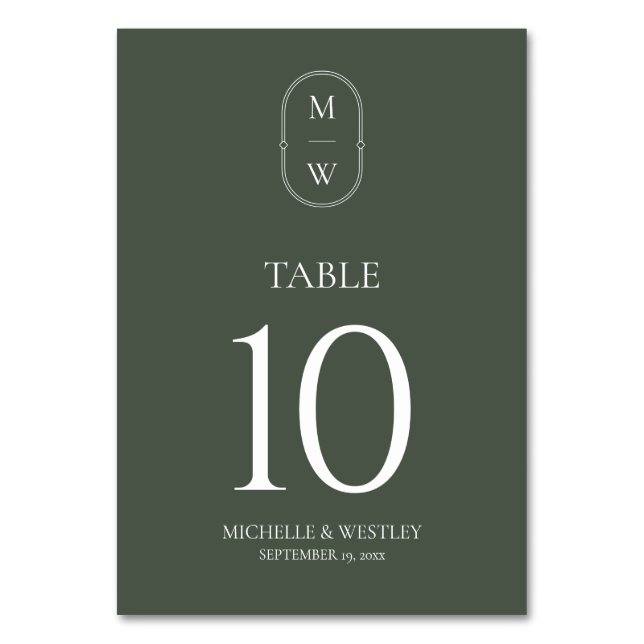 Minimalistisches Monogramm Moss Green Wedding Tischnummer (Vorderseite)
