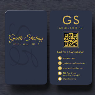 Minimalistisches Monogramm Navy Blue Gold QR Visitenkarte