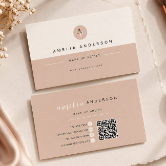 Minimalistisches Monogramm Neutrales Beige QR-Code Visitenkarte