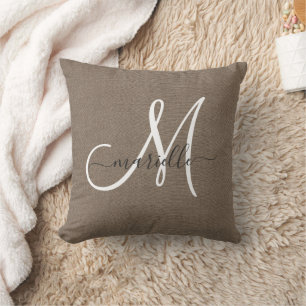 Minimalistisches Monogramm Taupe-Faux-Leinen  Kissen