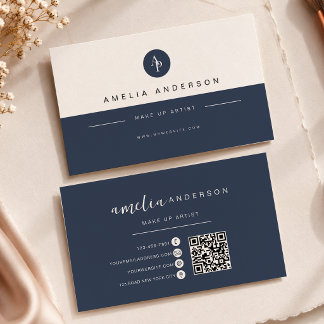 Minimalistisches Monogramm Tiefes Navyblau QR-Code Visitenkarte