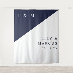 Minimalistisches Navy Blau Weiß Hochzeitsfoto Hint Wandteppich