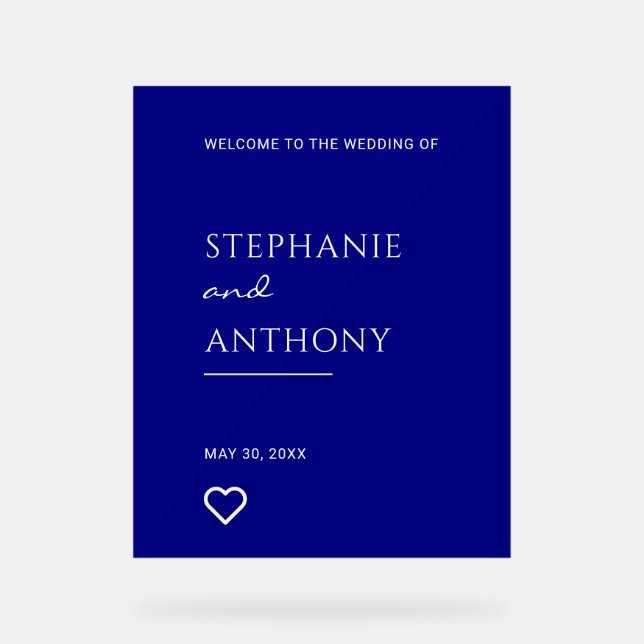 Minimalistisches Navy Blue mit Heart Modern Weddin Acrylschild (Vorderseite)