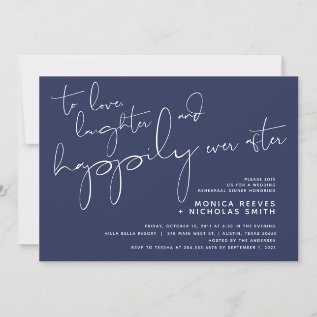 Minimalistisches Navy-Script-Hochzeitsessen Probe Einladung (Vorderseite)