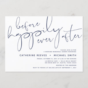 Minimalistisches Navy-Script-Hochzeitsessen Probe Einladung