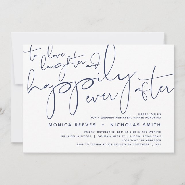 Minimalistisches Navy-Script-Hochzeitsessen Probe Einladung (Vorderseite)