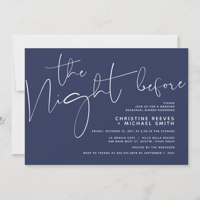Minimalistisches Navy-Script-Hochzeitsessen Probe Einladung (Vorderseite)