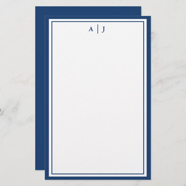 Minimalistisches Navy-Two-Border-Monogramm Briefpapier (Vorne/Hinten)
