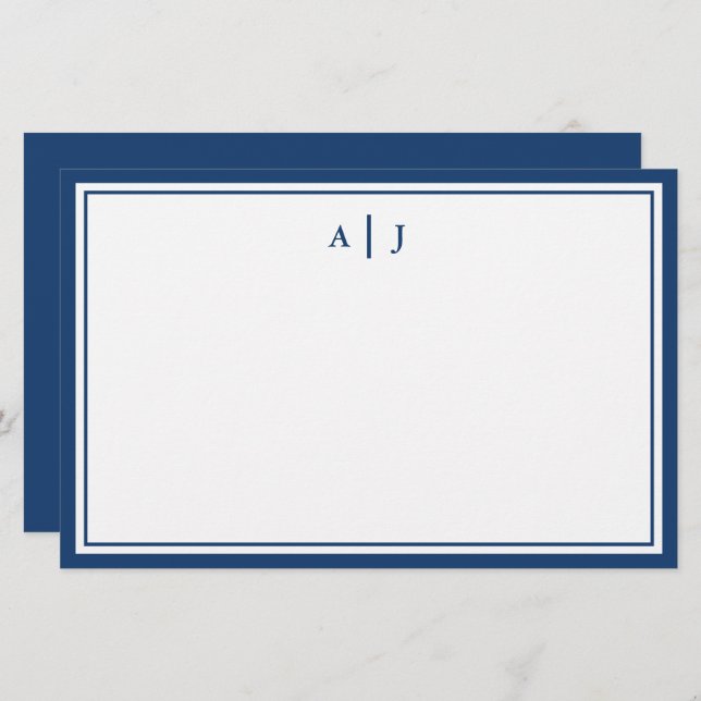 Minimalistisches Navy-Two-Border-Monogramm Briefpapier (Vorne/Hinten)
