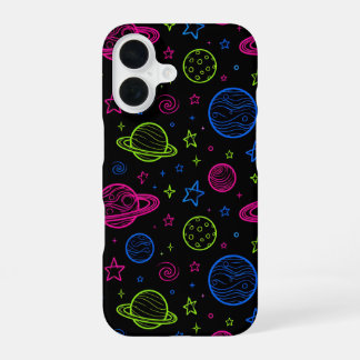 Minimalistisches Neon-Weltraum- und Planeten-Nacht iPhone 16 Hülle
