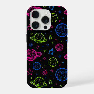 Minimalistisches Neon-Weltraum- und Planeten-Nacht iPhone 15 Pro Hülle