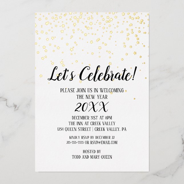 Minimalistisches Neujahrsfest des Confetti Folieneinladung (Vorderseite)