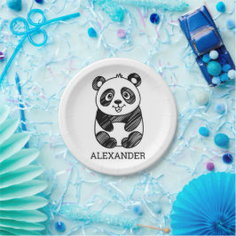Minimalistisches Niedliches Panda in Schwarz und W Pappteller