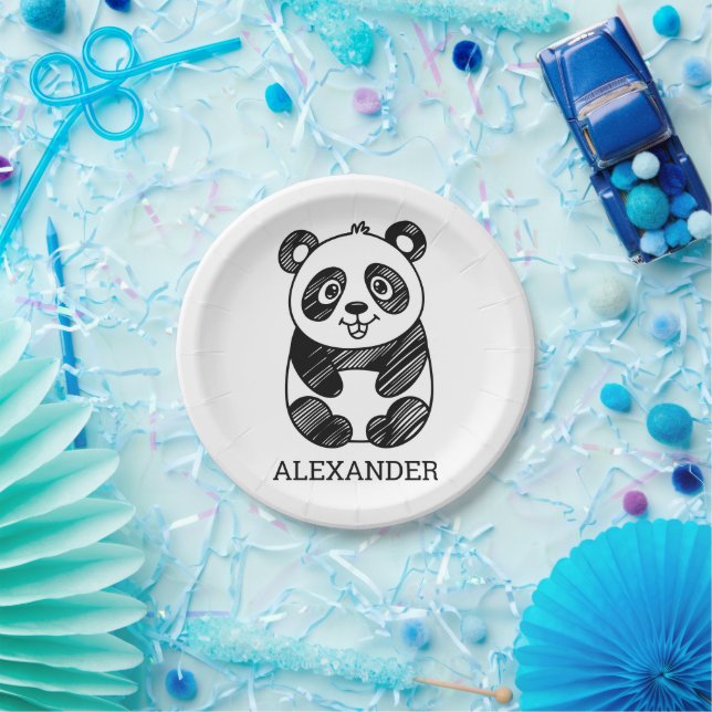 Minimalistisches Niedliches Panda in Schwarz und W Pappteller (Party)