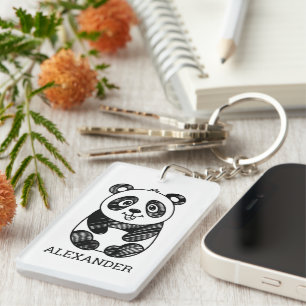 Minimalistisches Niedliches Panda in Schwarz und W Schlüsselanhänger