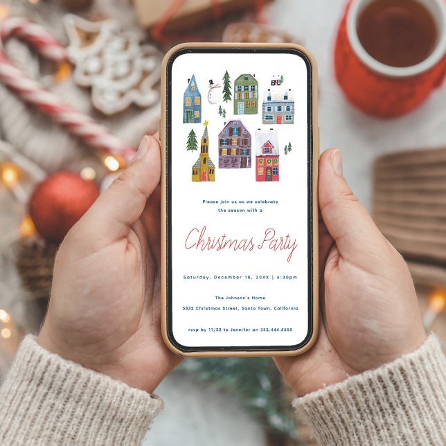 Minimalistisches Nordic Winter Village Weihnachtsf Einladung (Cute Winter House Village Holiday Christmas Party Invitation)