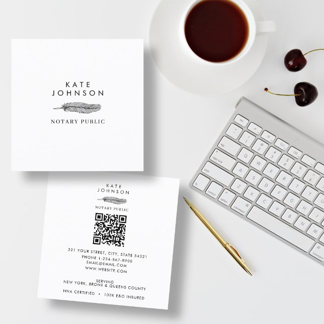Minimalistisches Notarsignierungs-Agent-Feather Qu Quadratische Visitenkarte (Minimalist Notary Signing Agent Feather Quill Logo Square Business Card)