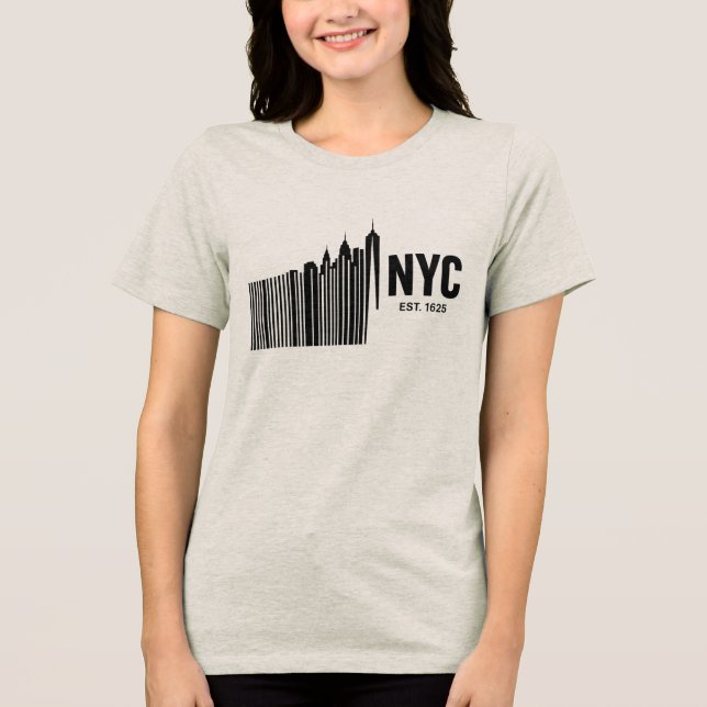 Minimalistisches NYC-Barcode-Skyline-Design Tri-Blend Shirt (Vorderseite)