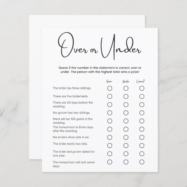 Minimalistisches Over oder Under Brautparty Game (Vorne/Hinten)