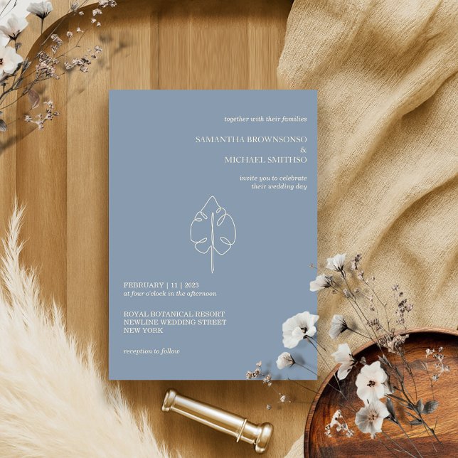 Minimalistisches Palmblätterblatt in Blau und Beig Einladung (Von Creator hochgeladen)