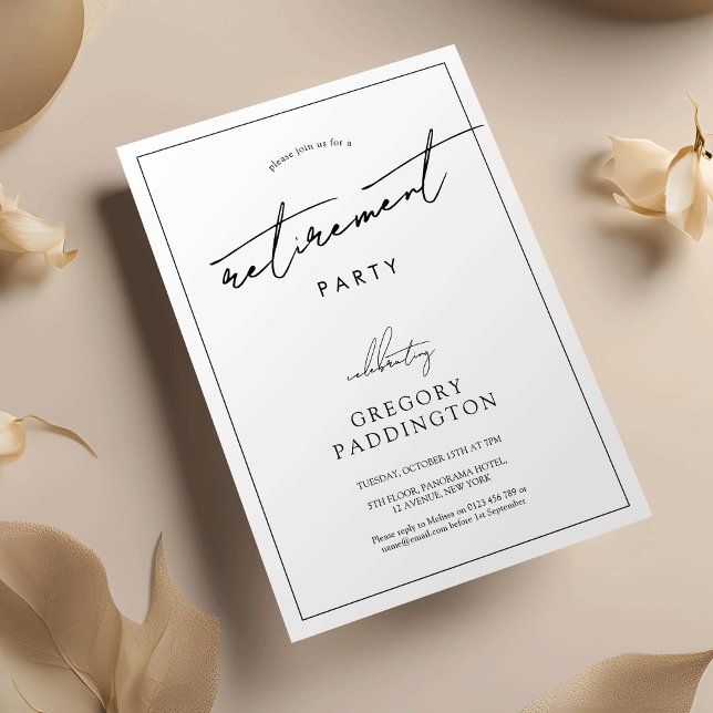 Minimalistisches Party für Schwarz-weiße Altersver Einladung (Minimalist modern retirement party corporate invitation with trendy handwritten script)