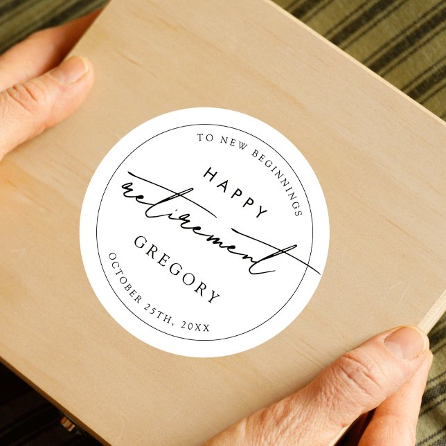 Minimalistisches Party für Schwarz-weiße Altersver Runder Aufkleber (Minimalist retirement celebration favor stickers with trendy script font in black & white)