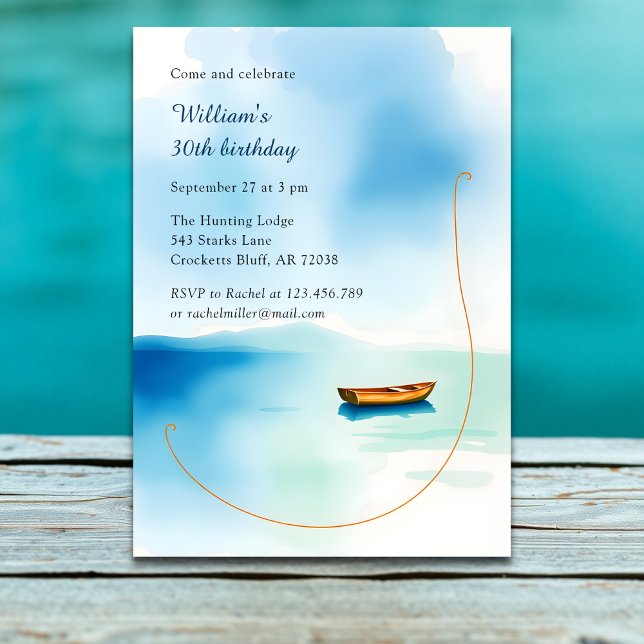 Minimalistisches Party für Sim Lake Birthday Einladung (Watercolor Lake Birthday Invitation – Minimalist Boat Party for Him)