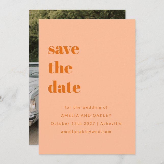 Minimalistisches Peach Orange Retro Simple Wedding Save The Date (Vorne/Hinten)