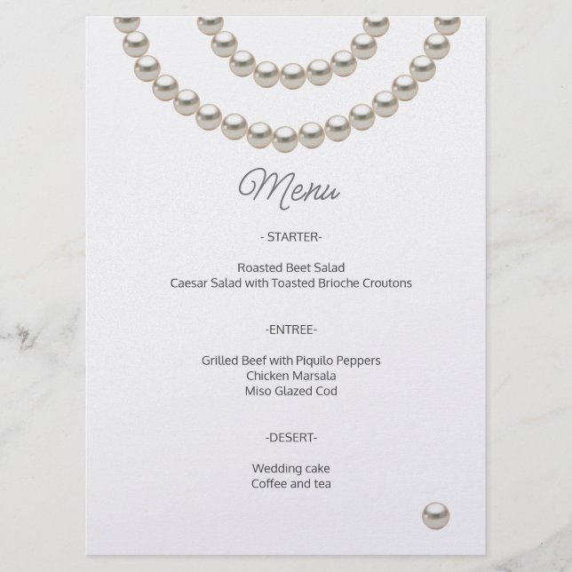 Minimalistisches Perlen-Hochzeitsmenü Menükarte (Vorderseite)